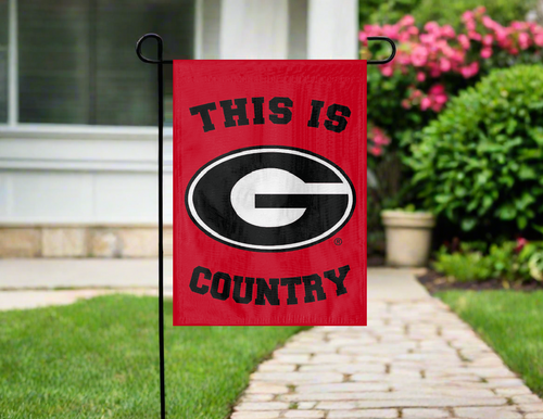 georgia garden flag with this is country logo hanging on garden flag stand outside in the yard