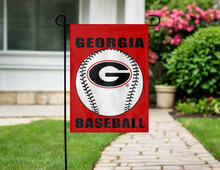 Load image into Gallery viewer, Georgia baseball garden flag hanging outside on garden flag stand
