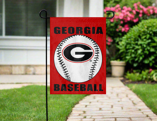 Georgia baseball garden flag hanging outside on garden flag stand