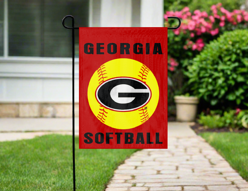 red georgia softball garden flag hanging on garden flag stand