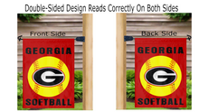 Load image into Gallery viewer, georgia softball double sided garden flag reading correctly from both sides hanging from mailbox flagpole

