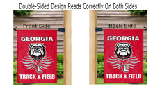 Load image into Gallery viewer, red georgia track and field double sided garden flag reading correctly from both sides on mailbox flagpole
