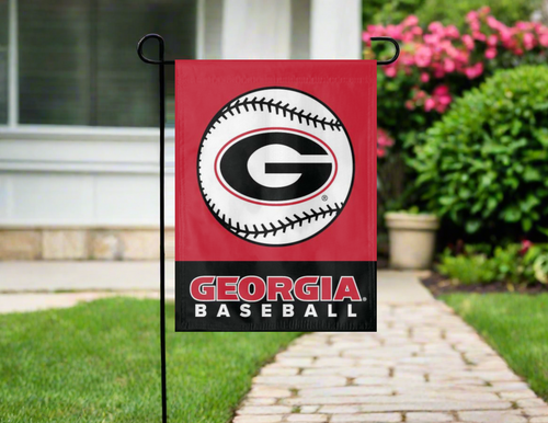 red and black georgia baseball garden flag hung outside from garden flag stand