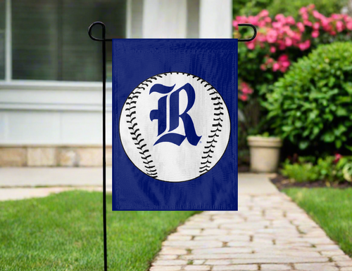 rice baseball garden flag hanging outside the front yard on a garden flag stand