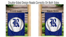 Load image into Gallery viewer, double sided rice baseball garden flag with logo reading correctly on both sides from mailbox flagpole
