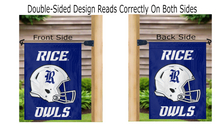 Load image into Gallery viewer, two sides of a rice football garden flag with logo reading correctly on both sides
