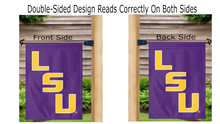 Load image into Gallery viewer, purple LSU Garden flag hanging on mailbox flagpole displayed from both sides
