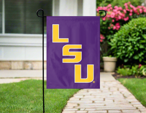 purple lsu garden flag hung outside from garden flag stand