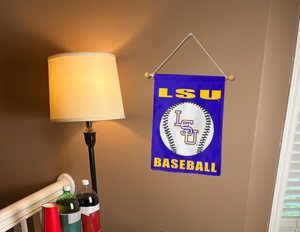 purple LSU Baseball garden flag hanging on small banner pole