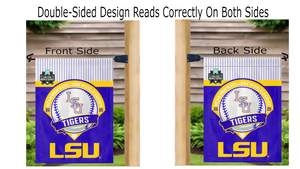 LSU Baseball College World Series 2025 Garden Flag hanging on mailbox flagpole displayed from both sides