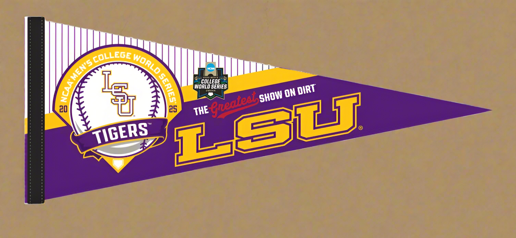 purple LSU Baseball Road to the College World Series 2025 the greatest show on dirt pennant