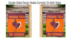 Load image into Gallery viewer, virginia tech university garden flag with go hokies logo hanging on mailbox flagpole displayed from both sides
