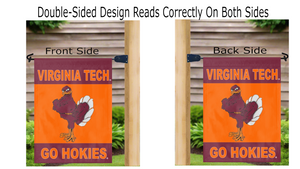 virginia tech university garden flag with go hokies logo hanging on mailbox flagpole displayed from both sides