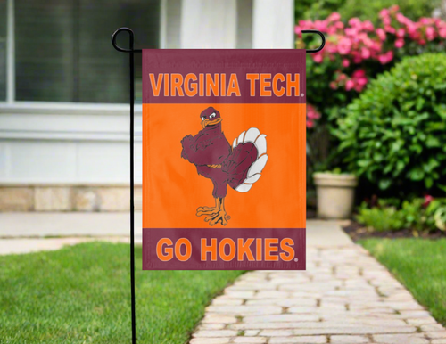 three panel virginia tech garden flag hung outside from garden flag stand