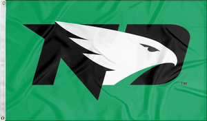 Green 3x5 University of North Dakota Flag with two metal grommets and black ND Logo