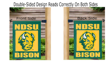 Load image into Gallery viewer, NDSU garden flag with bison logo hanging on mailbox flagpole displayed from both sides
