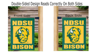NDSU garden flag with bison logo hanging on mailbox flagpole displayed from both sides
