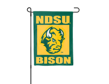 Load image into Gallery viewer, NDSU garden flag with bison logo hanging on black garden flag stand
