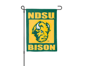 NDSU garden flag with bison logo hanging on black garden flag stand