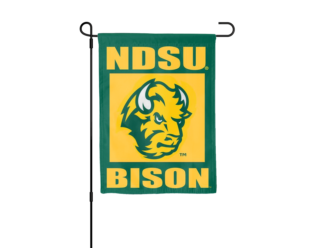 NDSU garden flag with bison logo hanging on black garden flag stand