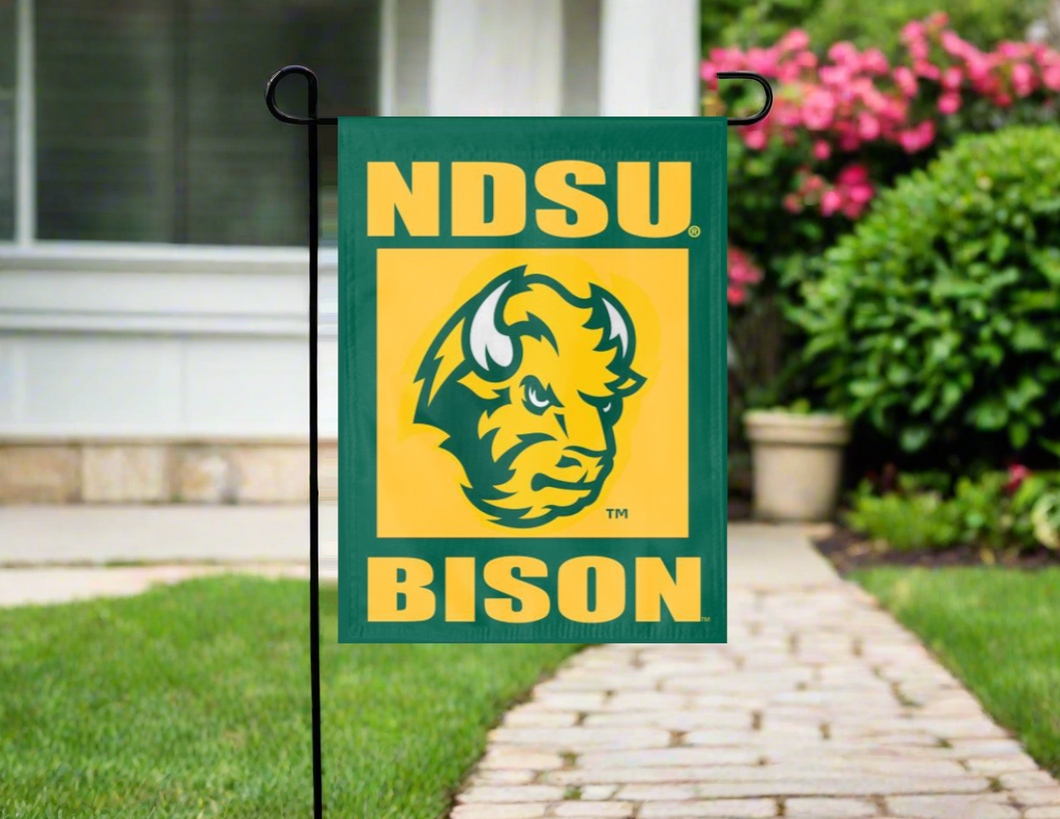 ndsu bison garden flag hung outside from garden flag stand