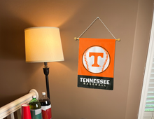 Load image into Gallery viewer, Tennessee Baseball garden flag hanging on banner pole inside living room
