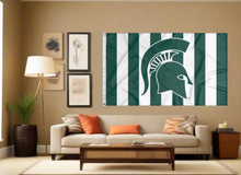 Load image into Gallery viewer, 3x5 Michigan State Flag with Spartan Logo and Candy Striped Green and White Background
