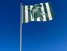 Load image into Gallery viewer, 3x5 Michigan State Flag with Spartan Logo and Candy Striped Green and White Background
