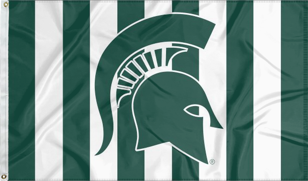 3x5 Michigan State Flag with Spartan Logo and Candy Striped Green and White Background