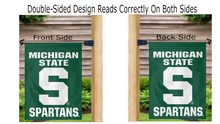 Load image into Gallery viewer, green michigan state university garden flag with S spartans logo hanging on mailbox flagpole displayed from both sides
