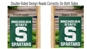 green michigan state university garden flag with S spartans logo hanging on mailbox flagpole displayed from both sides