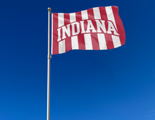 Load image into Gallery viewer, Indiana University 3x5 Flag with Candy Stripes Background and Indiana University Logo
