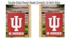 Load image into Gallery viewer, red indiana university garden flag with go hoosiers logo hanging on mailbox flagpole displayed from both sides

