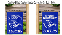 Load image into Gallery viewer, blue UNK Lopers garden flag hanging on mailbox flagpole displayed from both sides

