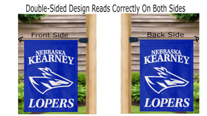 blue UNK Lopers garden flag hanging on mailbox flagpole displayed from both sides