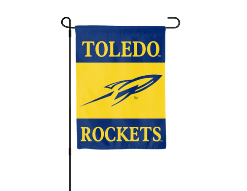 toledo university garden flag hanging on black garden flag stand