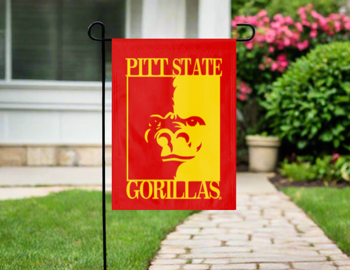 pitt state university garden flag hung outside from garden flag stand