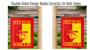 red Pittsburg state university garden flag hanging on mailbox flagpole displayed from both sides