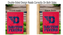 Load image into Gallery viewer, red University of Dayton Garden Flag hung from mailbox flagpole displayed from both sides

