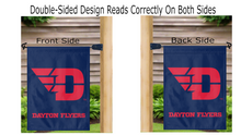 Load image into Gallery viewer, blue University of Dayton Garden Flag hung from mailbox flagpole displayed from both sides

