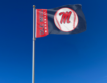 Load image into Gallery viewer, Blue and red 3x5 Ole Miss Baseball Flag with two metal grommets attached to flagpole waving in the wind
