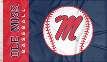Load image into Gallery viewer, Blue and red 3x5 Ole Miss Baseball Flag with two metal grommets for indoor home décor
