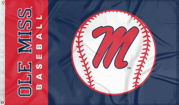 Blue and red 3x5 Ole Miss Baseball Flag with two metal grommets for indoor home décor