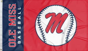 two panel blue and red Ole Miss Baseball Flag with two metal grommets