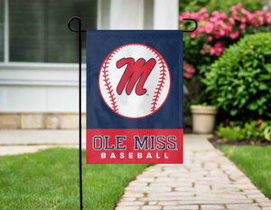 blue and red ole miss baseball garden flag hung outside from garden flag stand