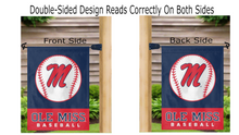 Load image into Gallery viewer, blue ole miss baseball garden flag hanging on mailbox flagpole displayed from both sides
