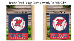 blue ole miss baseball garden flag hanging on mailbox flagpole displayed from both sides