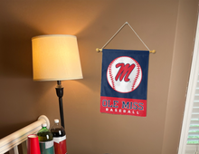 Load image into Gallery viewer, blue ole miss baseball garden flag hanging on banner pole inside room
