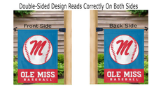Load image into Gallery viewer, light blue ole miss baseball garden flag hanging on mailbox flagpole displayed from both sides
