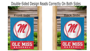 light blue ole miss baseball garden flag hanging on mailbox flagpole displayed from both sides
